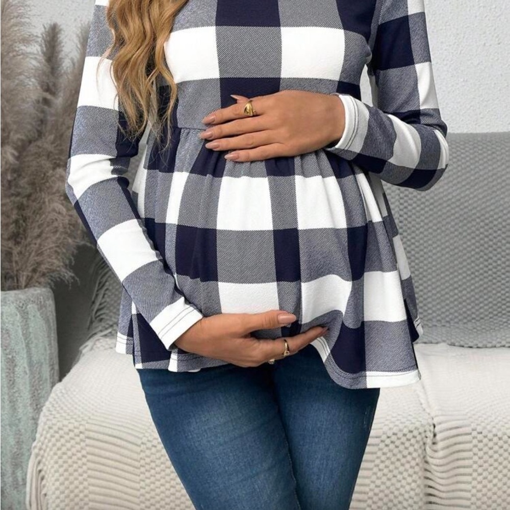 SHEIN Navy & White Buffalo Check Peplum Long Sleeve Top